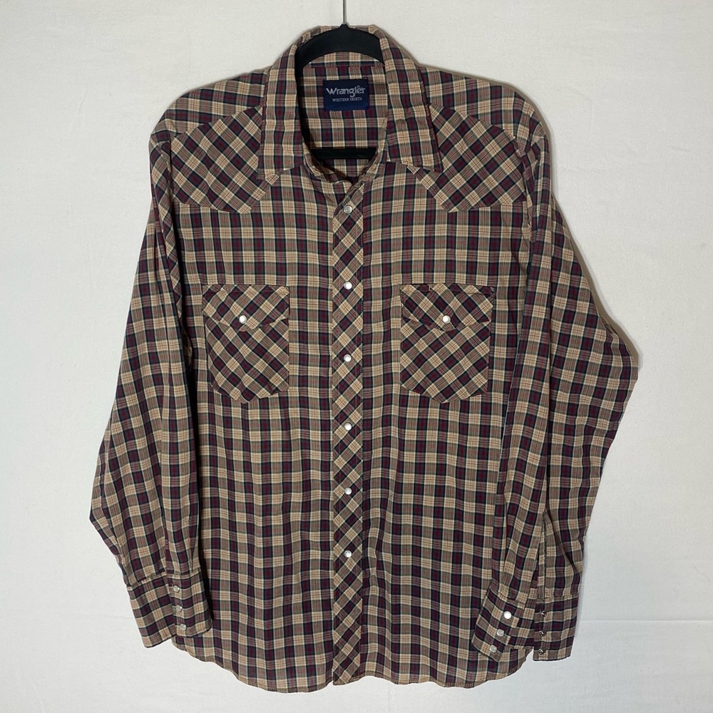 Vintage Wrangler Beige Red Green Plaid Pearl Snap Western Rodeo Cowboy Shirt XL